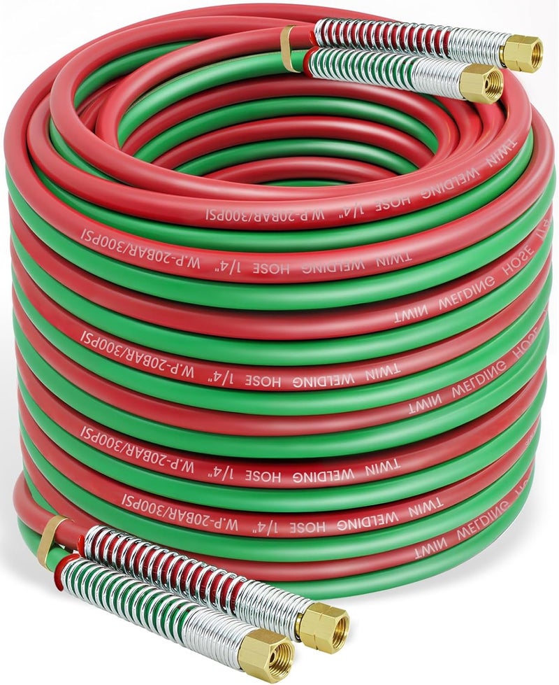 RX WELD 100 Feet 1/4" Oxy Acetylene Welding Hose with 9/16"-18 B Fittings - Grade R Twin-Line Torch Hose for Acetylene Cutting & Welding (300PSI/900PSI) - Image 1